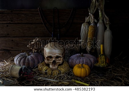 Skull and pile of pumpkins  on straw with candle light in Halloween night / Still life image

