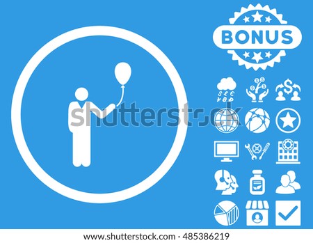 Holiday icon with bonus design elements. Vector illustration style is flat iconic symbols, white color, blue background.
