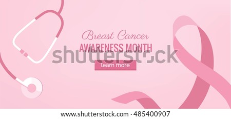 Pink Ribbon womens breast cancer awareness banner with stethoscope on pink background with ribbon symbol. Vector flat illustration
