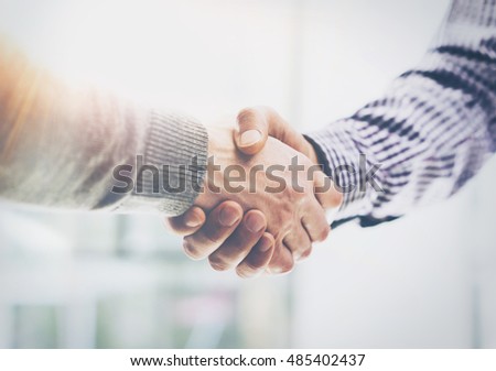 Coworkers Business Meeting Process Sunny Office.Closeup Teamwork Modern Concept.Two Young Bearded Guy Discussing Together Startup Idea.Businessmans Team Working Online Project Desktop.Blurred Royalty-Free Stock Photo #485402437