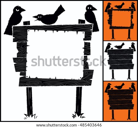Cartoon wooden sign with crows and copyspace.