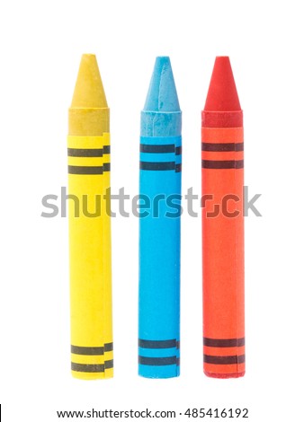 yellow, blue, and red crayon isolated on white background Royalty-Free Stock Photo #485416192