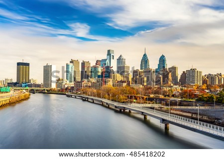 Panoramic picture of Philadelphia skyline and Schuylkill river, PA, USA. Royalty-Free Stock Photo #485418202
