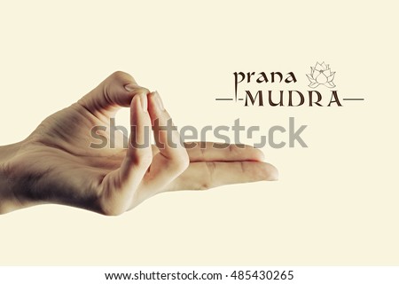 Image of woman hand in prana mudra. Gesture is  isolated on toned background. Royalty-Free Stock Photo #485430265