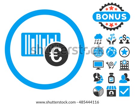 Euro Barcode icon with bonus pictogram. Vector illustration style is flat iconic bicolor symbols, blue and gray colors, white background.