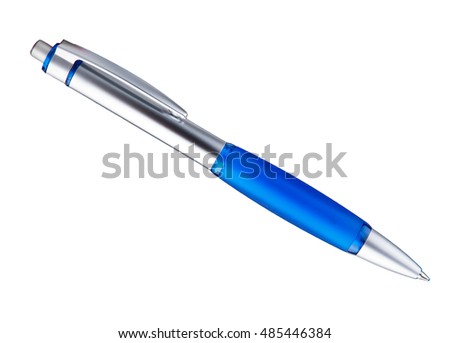 blue and metallic ballpoint pen isolated on a white background