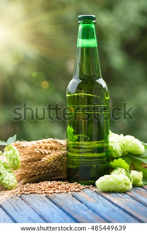 Green bottle of beer, hops, malt, barley ears standing on an old table on natural background