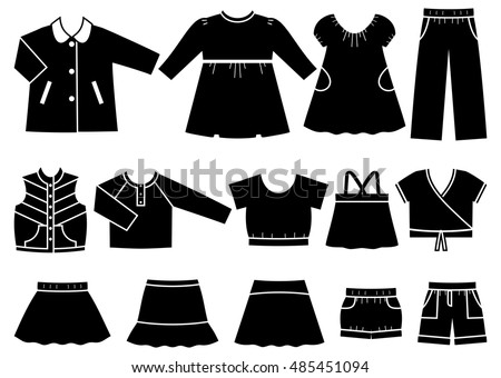 Icon set children's clothes for girls. Collection of clothing on white background. Vector illustration.