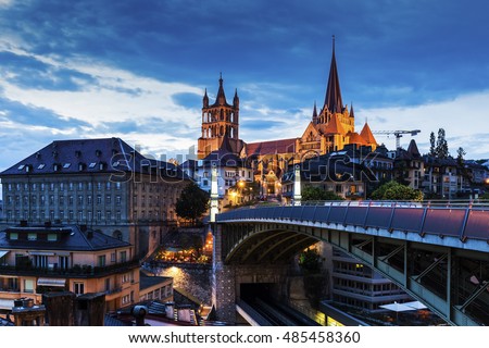 Lausanne Cathedral and city panorama. Lausanne, Vaud, Switzerland. Royalty-Free Stock Photo #485458360