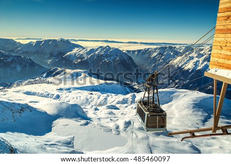 Spectacular ski resort with cable car station on the Pic Blanc peak in the French Alps,Alpe d Huez,France,Europe