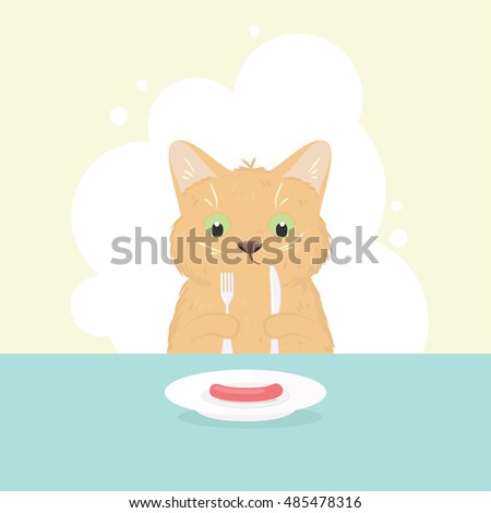 Cute red kitten sitting behind a table, holding a fork and a knife, with a plate with a single sausage before it, single composition in a white frame on a light yellow background. Vector illustration.