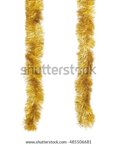 Two golden Christmas tinsels hanging in vertical position. Isolated on white background Royalty-Free Stock Photo #485506681