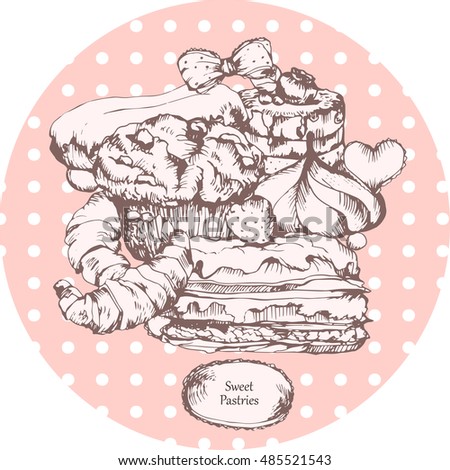 Pastries, sweets, baked goods, desserts. Pattern with hand drawn elements. Menu design.