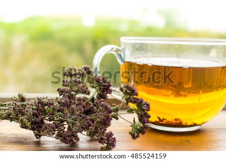 A cup of tea with oregano herb on wooden table near the window. Lifestyle autumn background. Royalty-Free Stock Photo #485524159