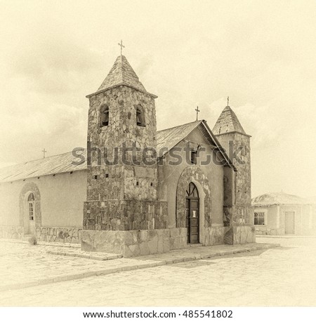 Old Church of Villa Alota - Altiplano, Bolivia, South America (stylized retro)