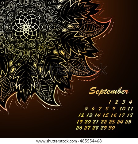 Vector vintage pattern in Eastern style. Ornate line art element. Ornamental floral pattern for calendar for september 2016. Traditional golden decor. Mandala.