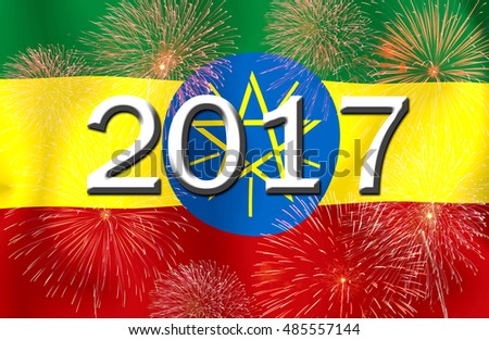 Fireworks and 2017 on the  ETHIOPIA flag.Concept Happy New Year 2017 for a background .
