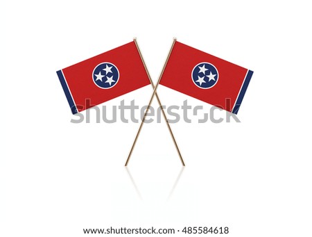3D illustration of tiny Alaska flag pair on gold sticks. Flag pair is standing on a reflective surface. Isolated on white background. With clipping path.