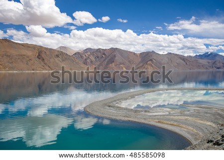 Spectacular Pangong Lake with mountain in Ladakh, India. The lake's water level is at 4241m/13915 ft.