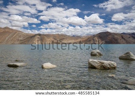 Spectacular Pangong Lake with mountain in Ladakh, India. The lake's water level is at 4241m/13915 ft.