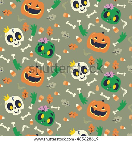 Happy Halloween vector pattern. Pumpkin, skull, zombie.
