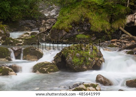 Fast mountain river  flowing among mossy stones and boulders in green forest.