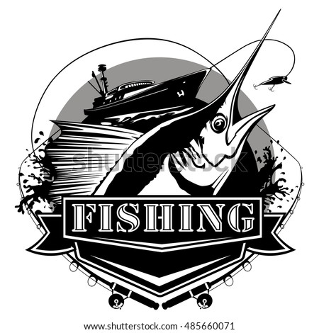 Blue marlin fishing logo illustration.Black  Marline fishing vector illustration isolated on white. Marline vector logo.