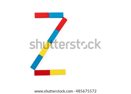 Capital letter Z made up of different color wooden rectangular blocks isolated on a white background