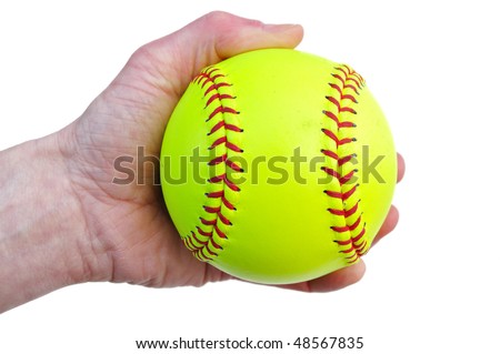 Player Holding a Yellow Softball Isolated on White