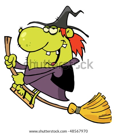 Happy Witch Rides Broom