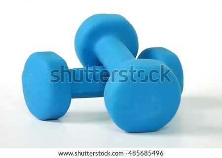 Blue dumbbells for sports activities isolated on white background