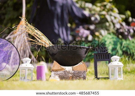 Halloween accessories: pot, hat, broom, candle, garlic and flashlights