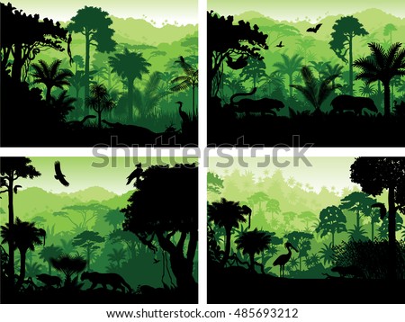 set of vector rainforest animals silhouettes in sunset design templates Royalty-Free Stock Photo #485693212