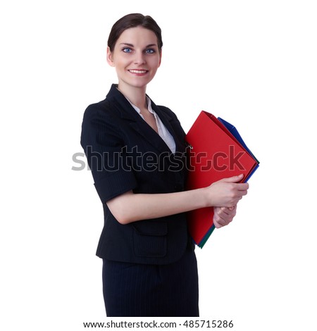 Smiling businesswoman standing over white isolated background with red folders in hands, business, education, office concept