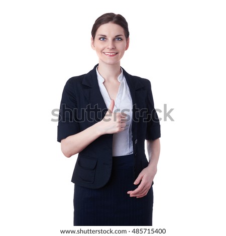 Smiling businesswoman standing over white isolated background showing thumb up sign, business, education, office concept