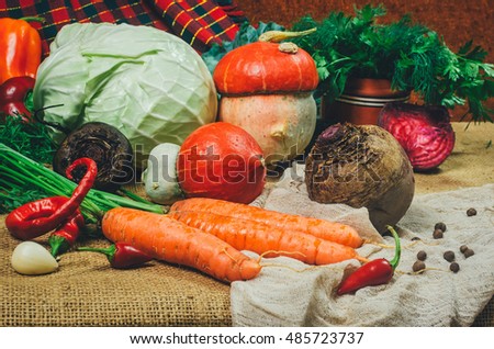 still life of autumn harvest vegetables