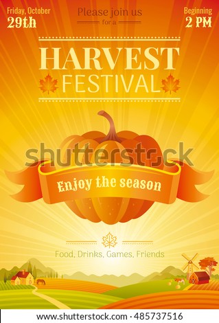 Harvest festival poster. Fall party invitation design. Thanksgiving day - american traditional family holiday. Autumn pumpkin vegetable, landscape background, food, agriculture vector illustration.