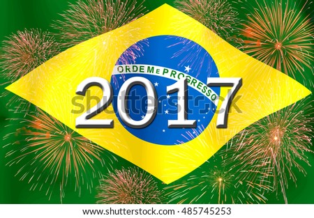 Fireworks and 2017 on the Brazil flag.Concept Happy New Year 2017 for a background . Royalty-Free Stock Photo #485745253