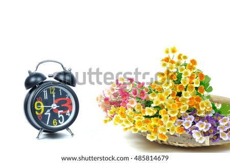 Artificial color flowers and alarm clock on white background