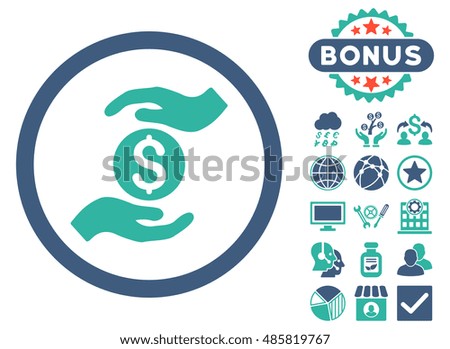 Business Insurance Hands icon with bonus images. Glyph illustration style is flat iconic bicolor symbols, cobalt and cyan colors, white background.