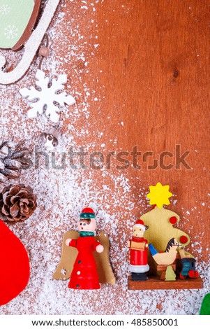 Christmas and New year frame for greeting card and wooden background with copy space. Top view. Holiday mock-up.