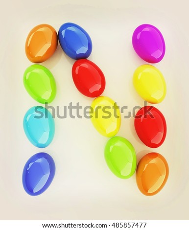 Alphabet from colorful eggs. Letter "N". 3D illustration. Vintage style.