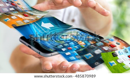Businessman using modern mobile phone to switch interface background 3D rendering