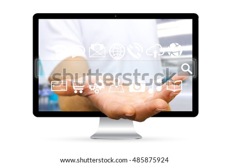 Businessman going out of a computer screen with digital tactile web address bar 3D rendering