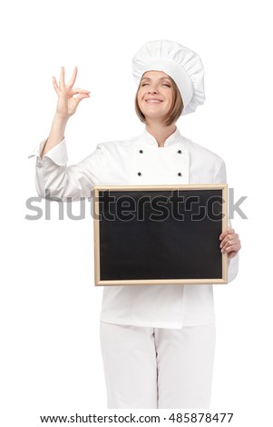 smiling chef, cook or baker making tasty gesture and holding blackboard with empty copy space for your text isolated on white background. restaurant and cooking food concept. advertisement blank board