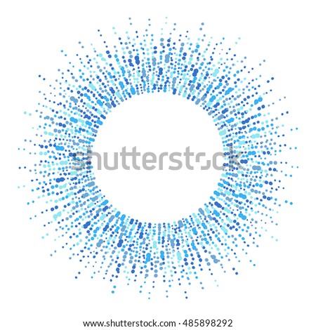 Round dots frame with empty space for your text. Frame made of ink spots, splashes, flecks, dots, speckles of various size. Circle shape. Shades of blue abstract background.
