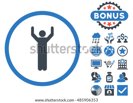 Hands Up icon with bonus images. Vector illustration style is flat iconic bicolor symbols, smooth blue colors, white background.