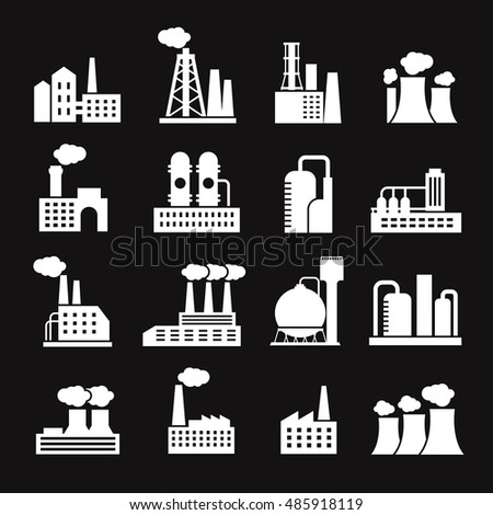 Industry manufactory buildings factory and plant silhouettes vector icons. Industry manufacturing and power factory illustration