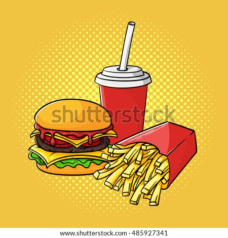 Vector hand drawn pop art illustration of hamburger, french fries and soda cup. Fast food. Retro style. Hand drawn sign. Illustration for print, web.