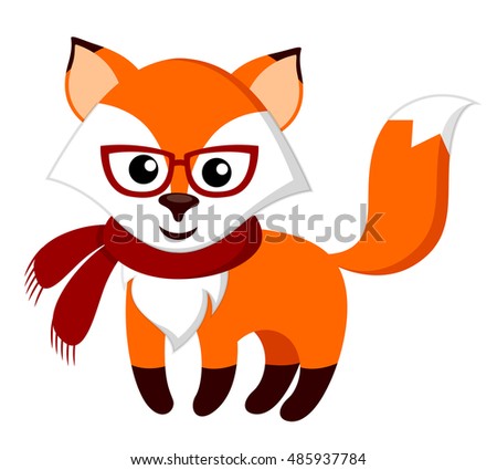 Cute cartoon fox with glasses and scarf. Vector illustration isolated on white background